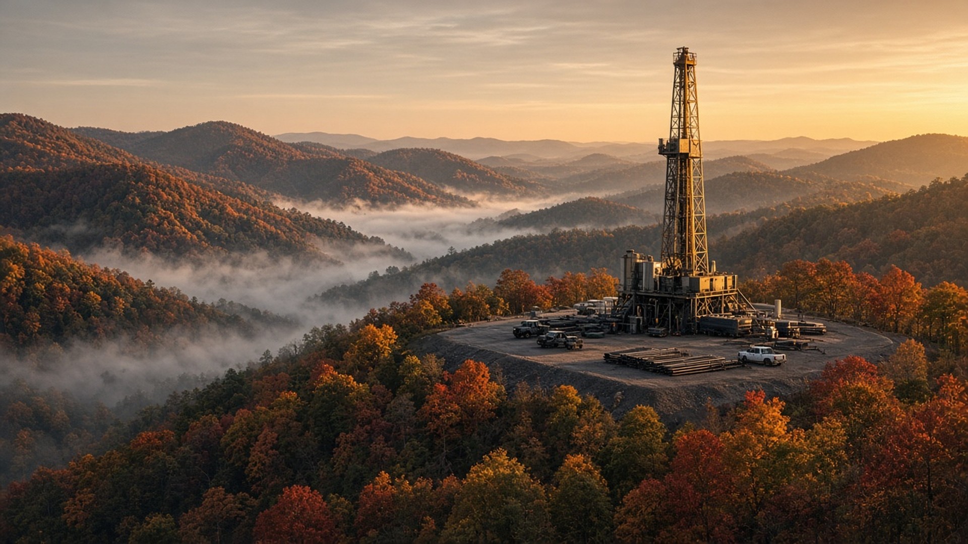 A natural gas drilling rig on a ridgetop well pad surrounded by autumn forest in the West Virginia hills
