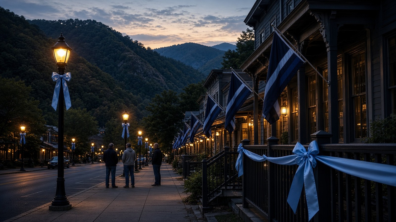 Blue ribbons tied to lampposts and porch railings along a quiet small-town street in the West Virginia mountains at dusk