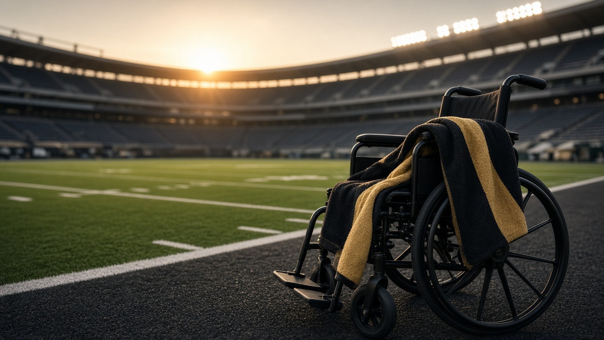 An empty wheelchair with a black and gold towel draped over it sits on the sideline of a football stadium at sunset