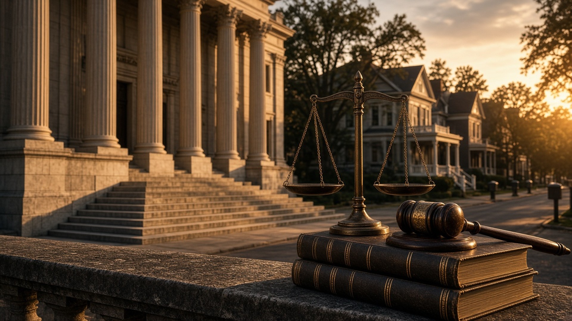 A gavel and scales of justice outside a stone courthouse at sunset
