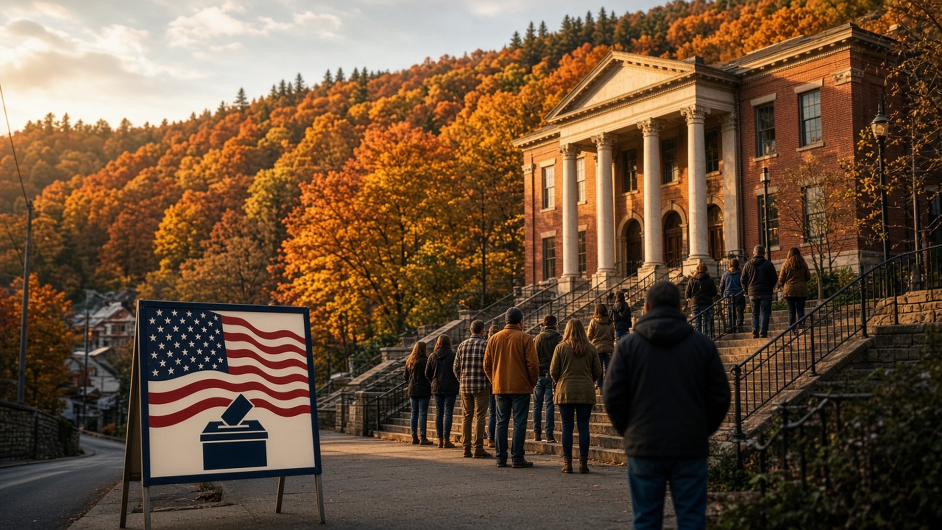 Voters lined up outside a brick courthouse on a West Virginia hillside in autumn