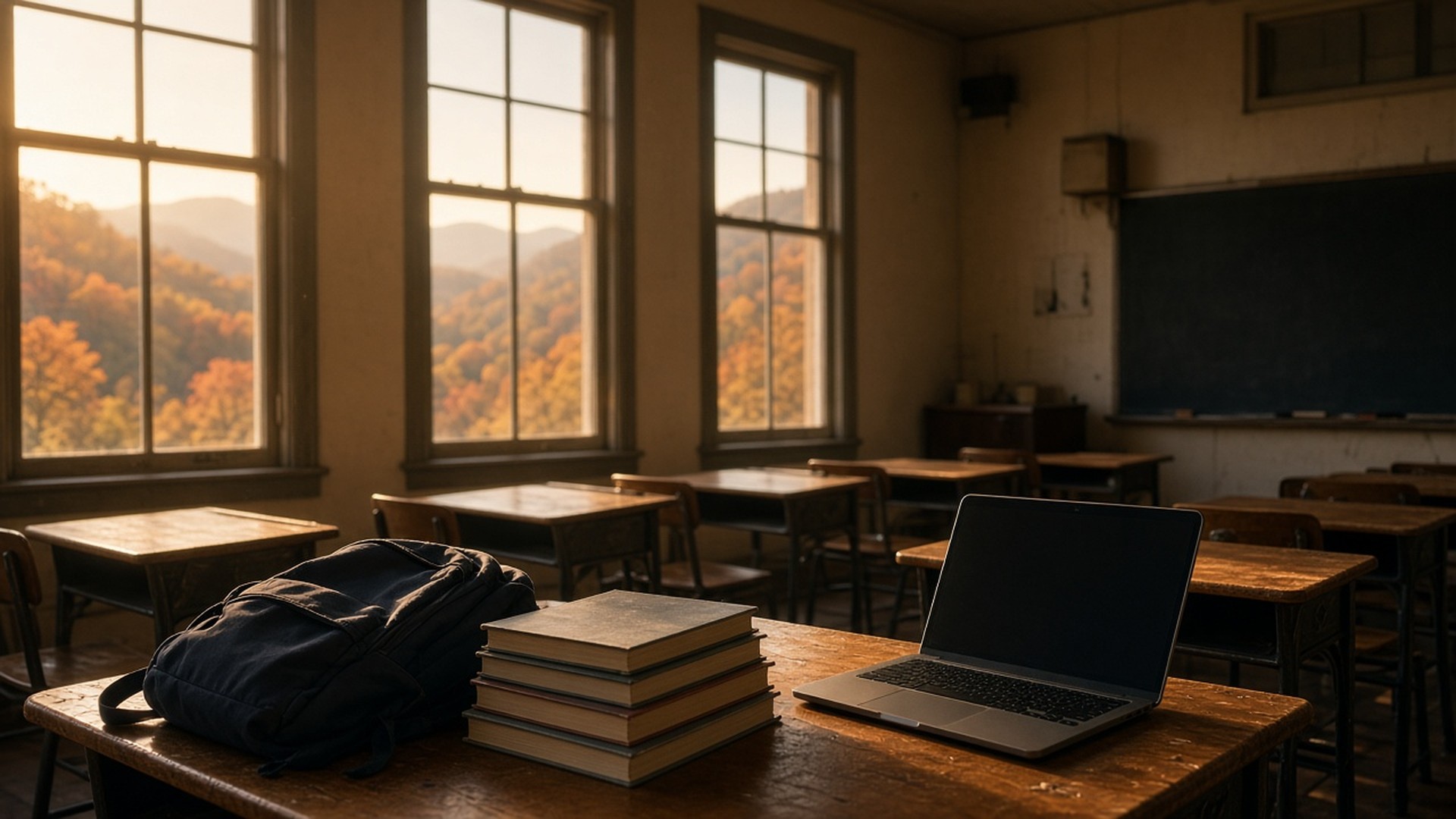 An empty West Virginia classroom with a backpack, stack of books and laptop on a desk as autumn hills glow through the windows